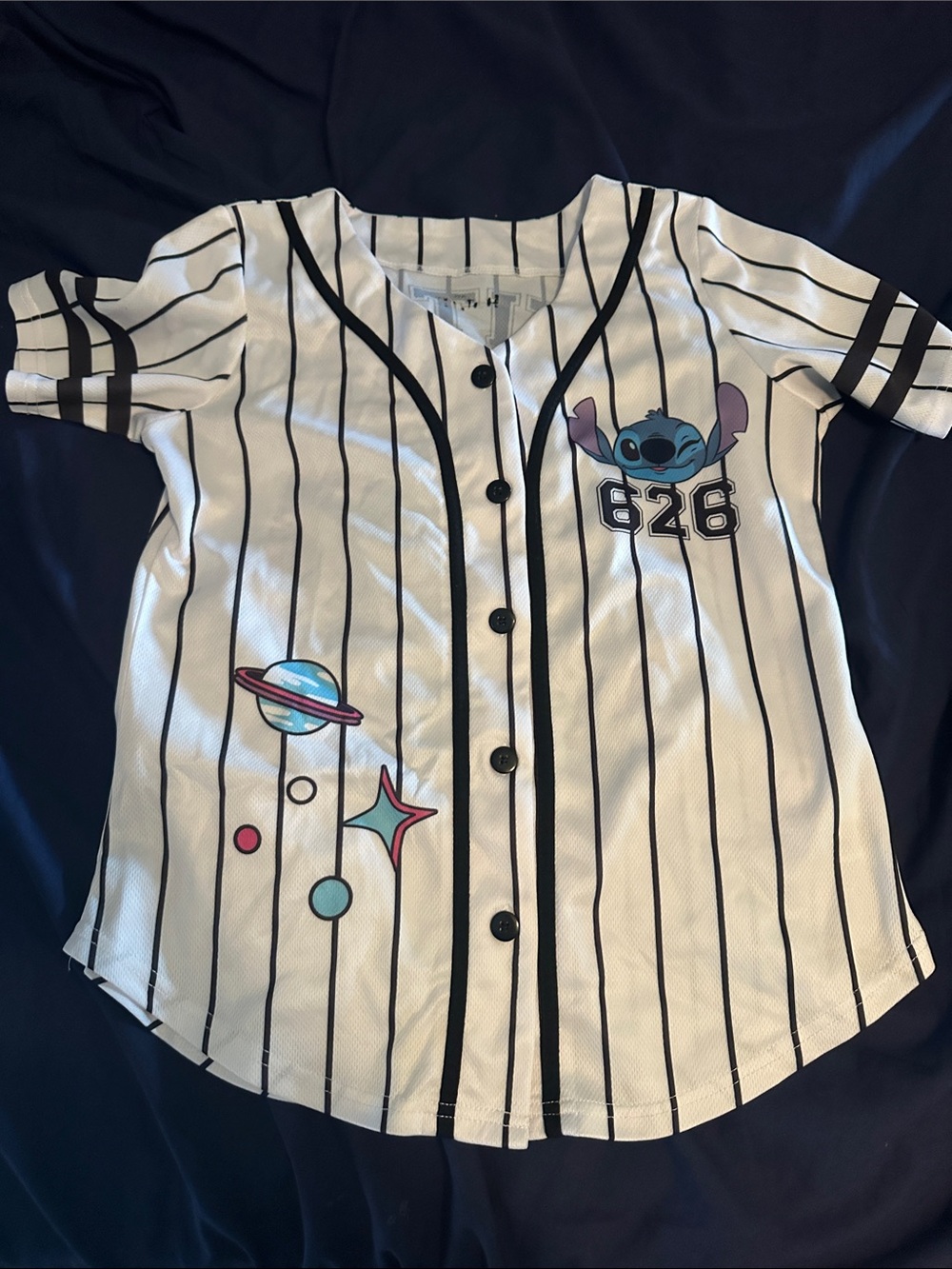 Kids White & Black Pinstripe Baseball Jersey with Blue Stitch Character